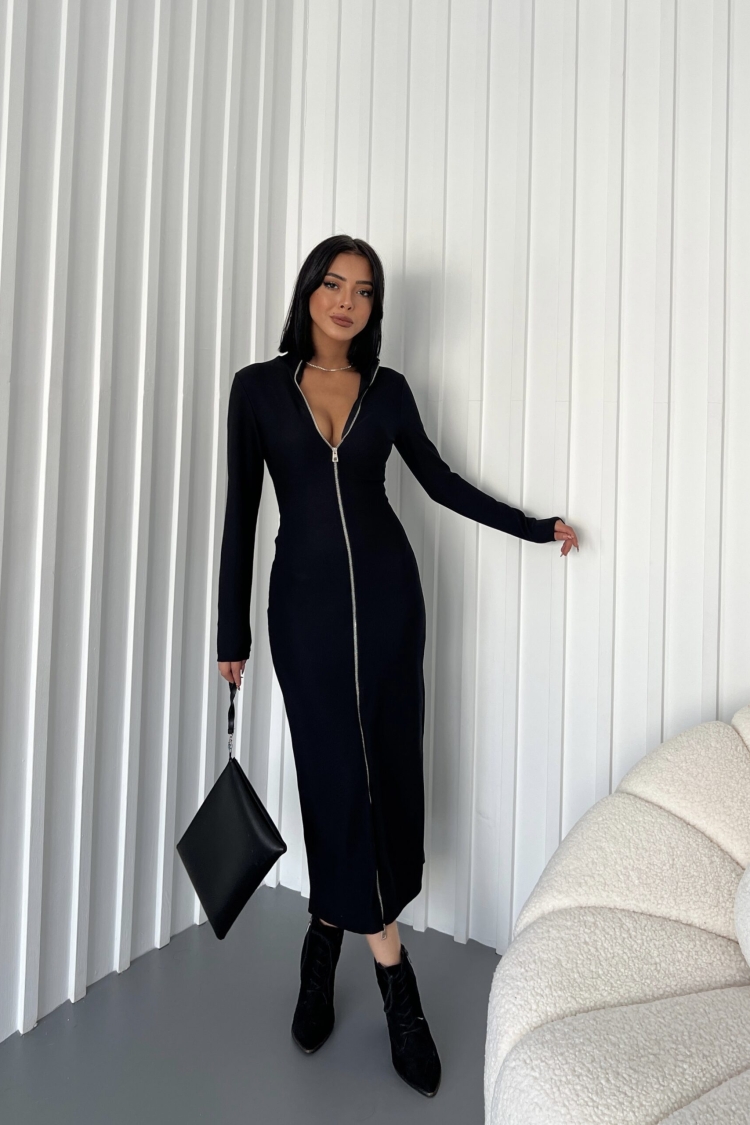 Zipper Detail Black Long Sleeve Black Dress - Producer: Fiori - Wholesale Women Clothes - TheBS Women