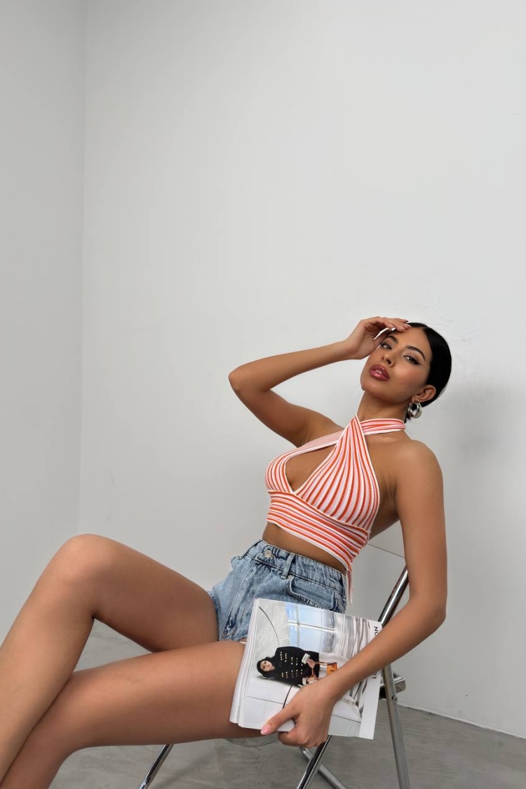 Striped Neck Tie Crop - Salmon - Producer: Black Fashion - Wholesale Women Clothes - TheBS Women