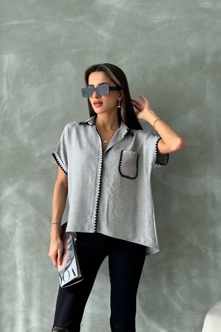 Gray Shepherd Stitched Linen Shirt - Producer: Topshow - Wholesale Women Clothes - TheBS Women