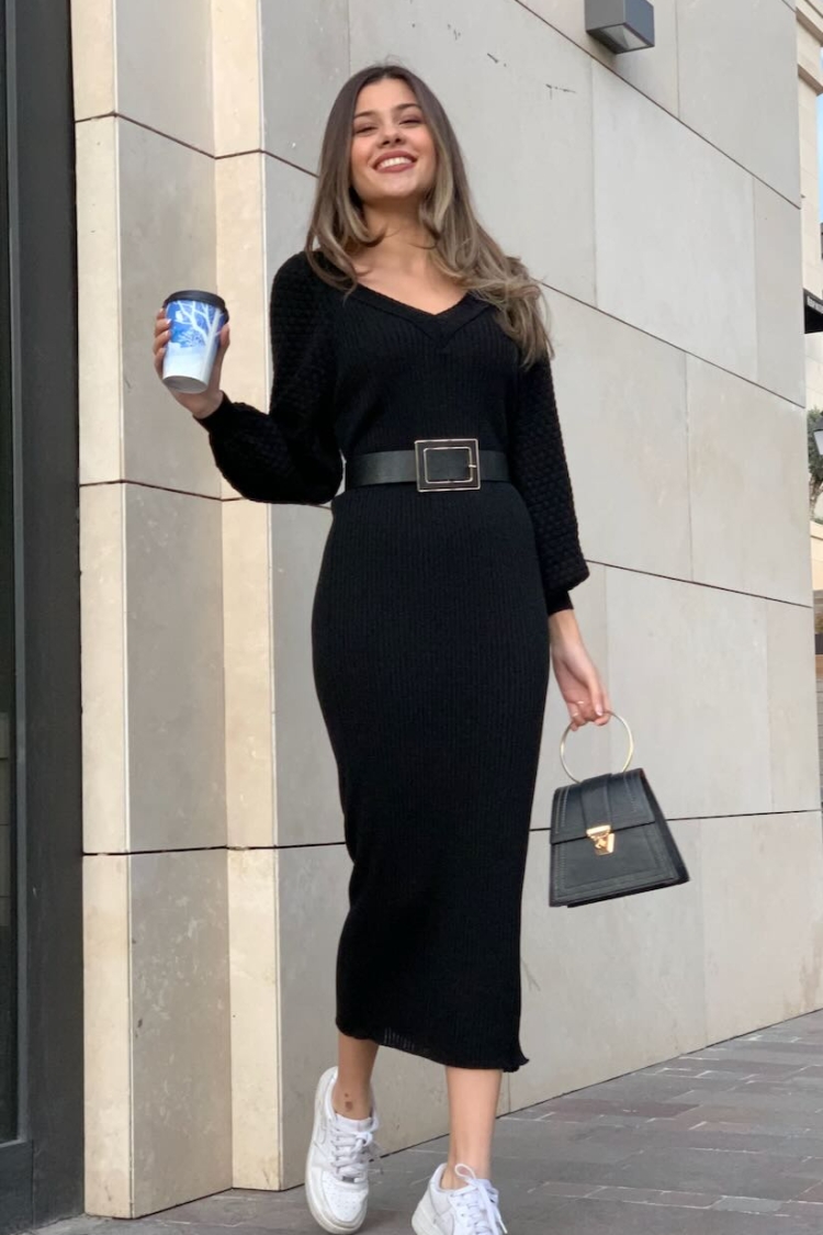 V-Neck Balloon Sleeve Knitwear Dress - Producer: My Fashion - Wholesale Women Clothes - TheBS Women