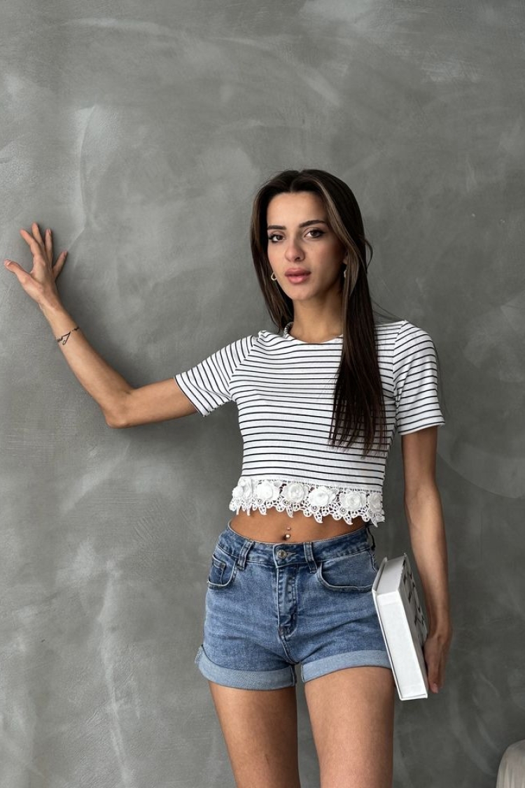 Cream Guipure Detailed Striped T-Shirt - Producer: Topshow - Wholesale Women Clothes - TheBS Women
