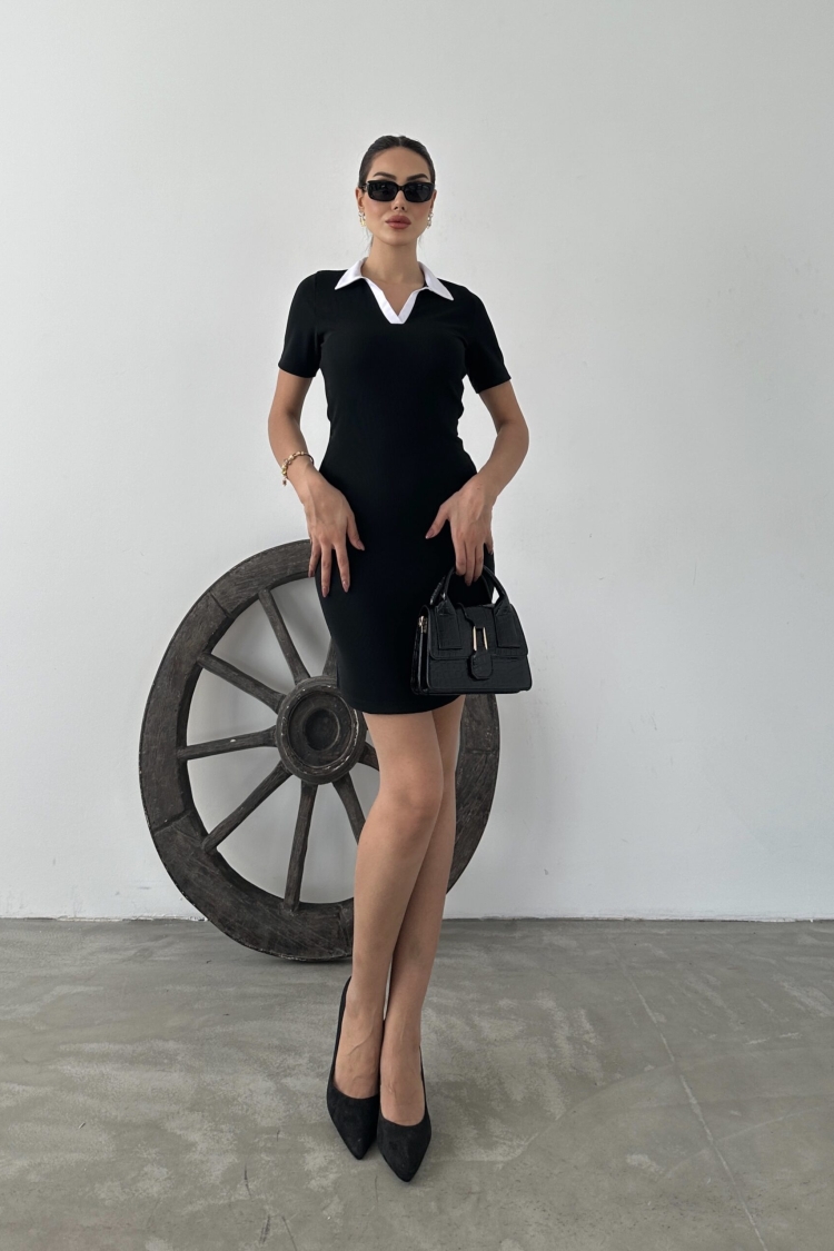 Ottoman Fabric Shirt Collar Black Mini Dress - Producer: Fiori - Wholesale Women Clothes - TheBS Women