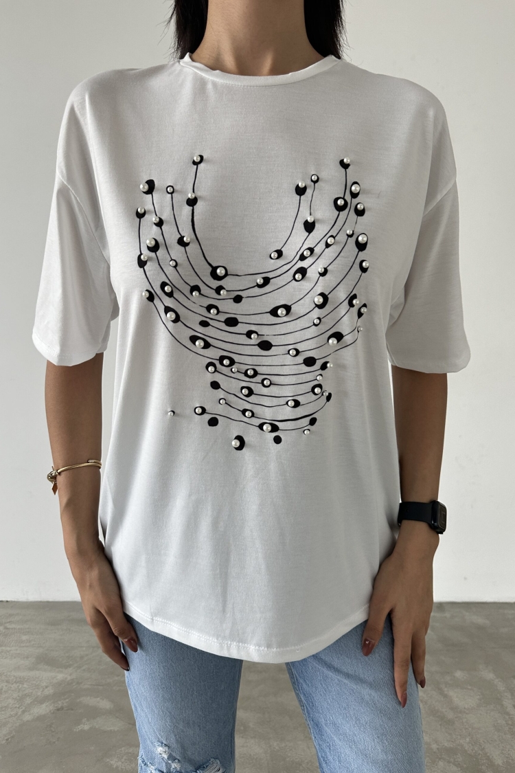 Printed Pearl Detailed T-shirt - Producer: Fiori - Wholesale Women Clothes - TheBS Women