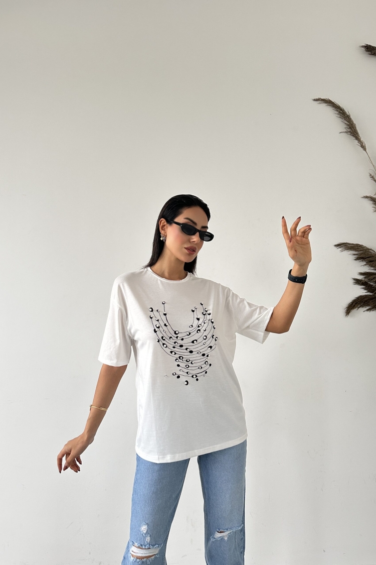 Printed Pearl Detailed T-shirt - Producer: Fiori - Wholesale Women Clothes - TheBS Women