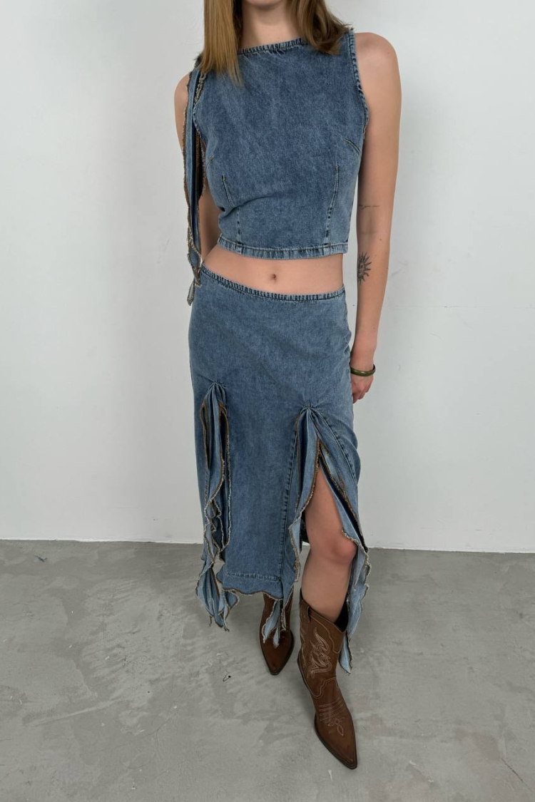 Ruffle Detail Denim Blouse - Light - Producer: Black Fashion - Wholesale Women Clothes - TheBS Women