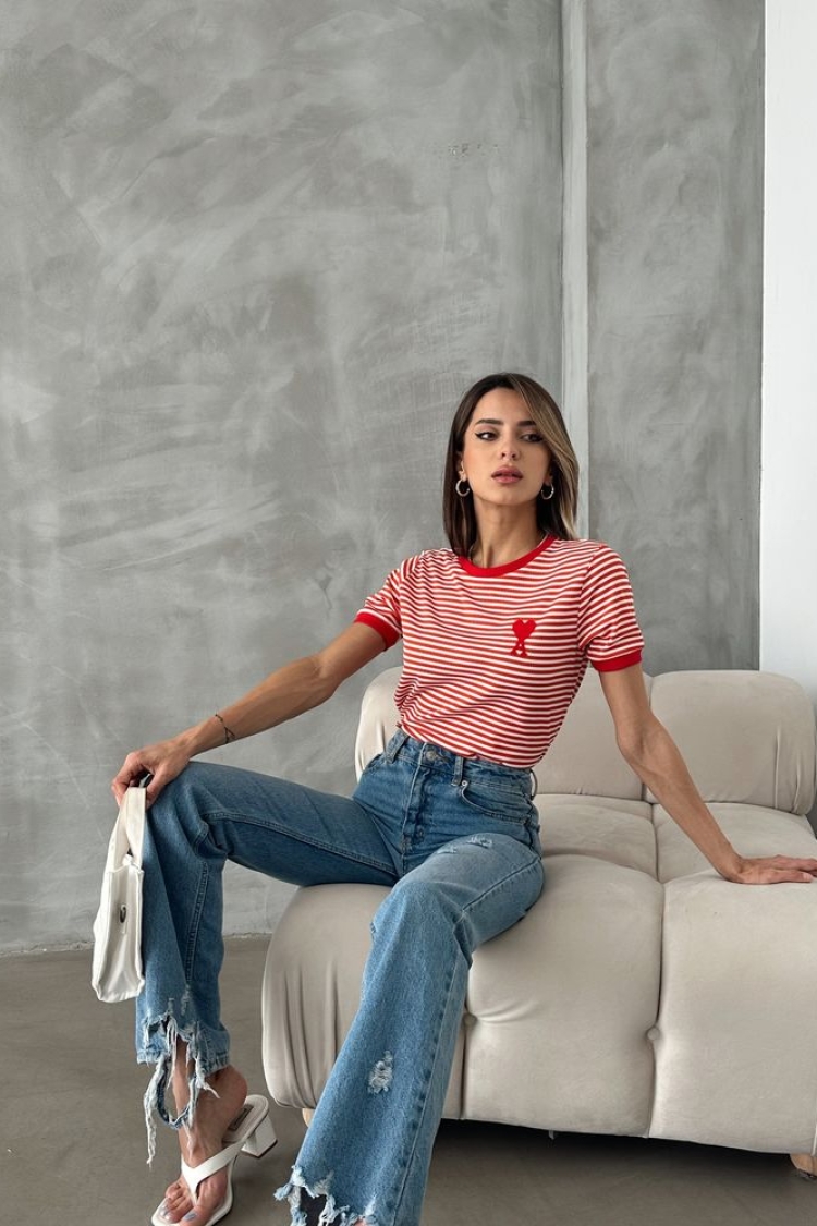 OrangeEmbroidered Striped T-Shirt - Producer: Topshow - Wholesale Women Clothes - TheBS Women