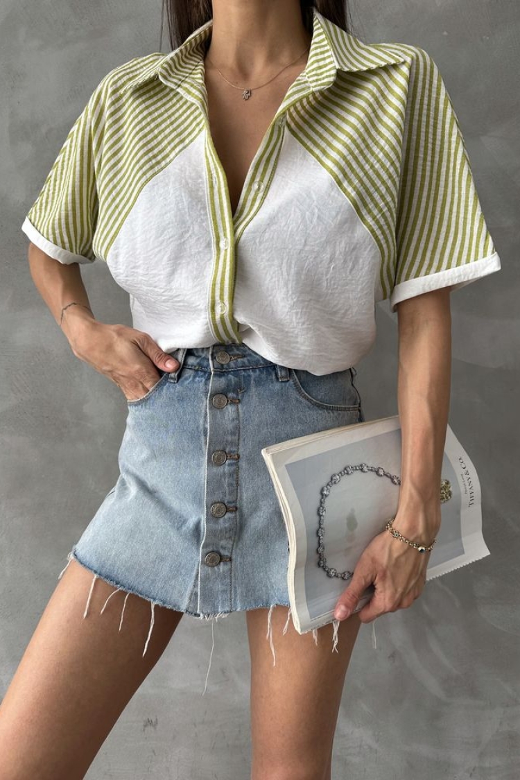 PistachioStripe Detailed Low Sleeve Shirt - Producer: Topshow - Wholesale Women Clothes - TheBS Women