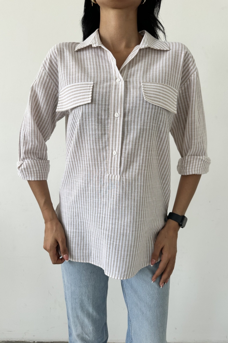 Striped Flap Pocket Summer Shirt - Producer: Fiori - Wholesale Women Clothes - TheBS Women