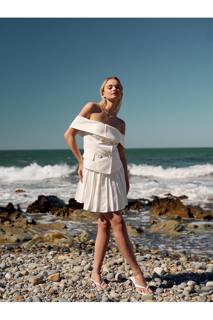 Pleated Linen Mini Skirt White - Brand: Juste - Women & Kids, Baby Clothes Wholesale - TheBS Women