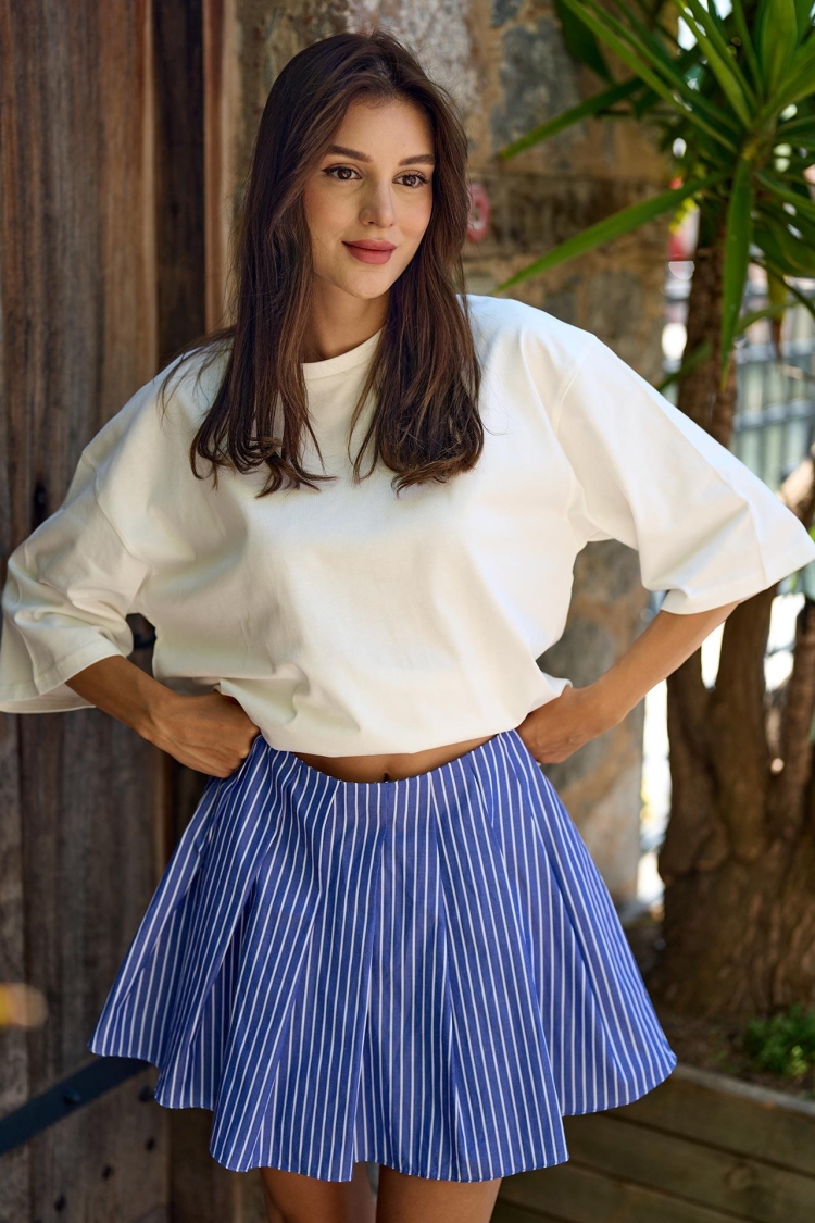 Stripe Pattern Pleated Poplin Mini Skirt - Brand: Juste - Women & Kids, Baby Clothes Wholesale - TheBS Women
