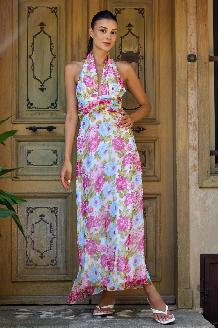 Chiffon Patterned Drape Detail Long Dress - Producer: Juste - Wholesale Women Clothes - TheBS Women
