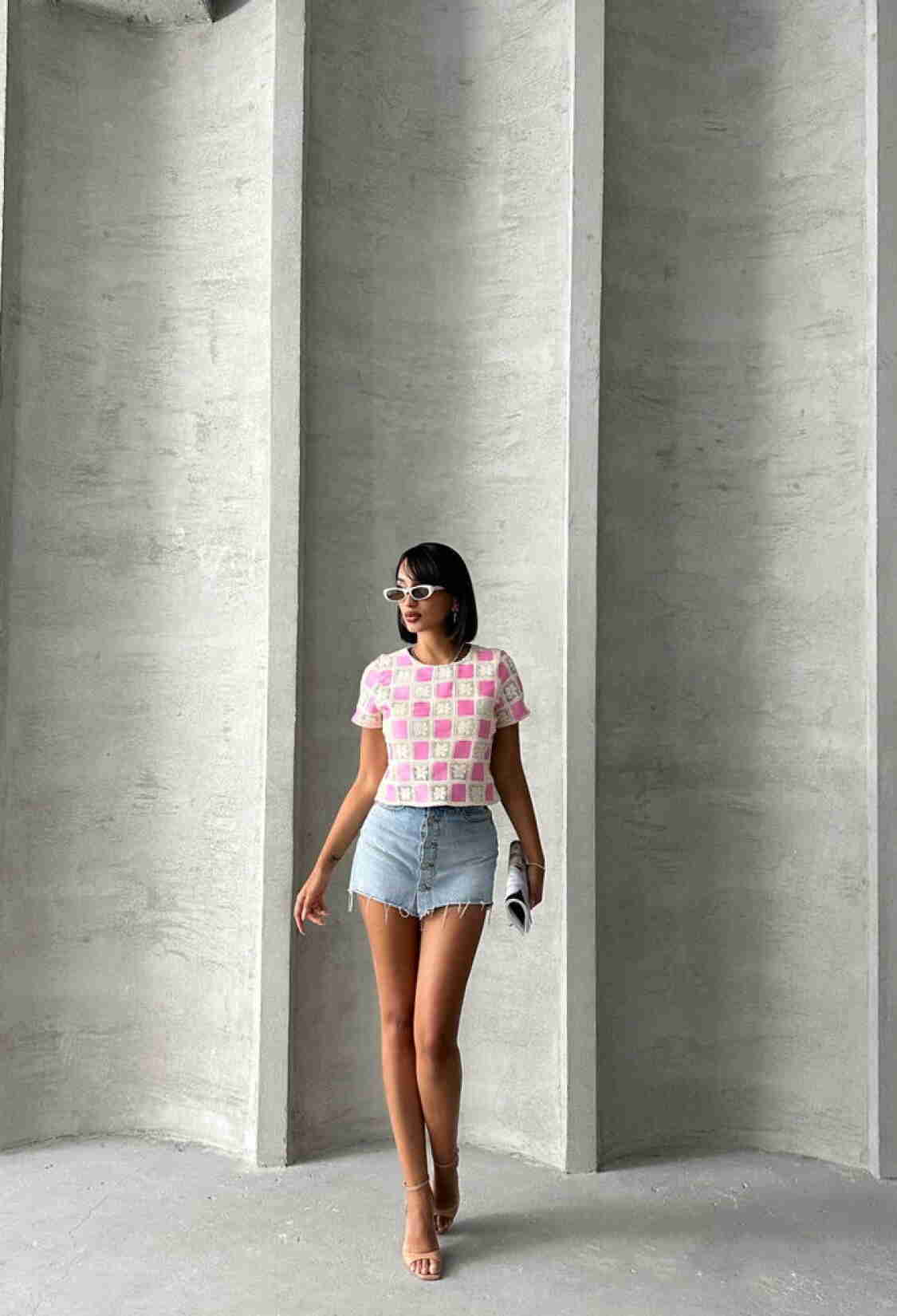 RawShort Sleeve Checkerboard Pattern Crochet Blouse - Brand: Topshow - Women & Kids, Baby Clothes Wholesale - TheBS Women