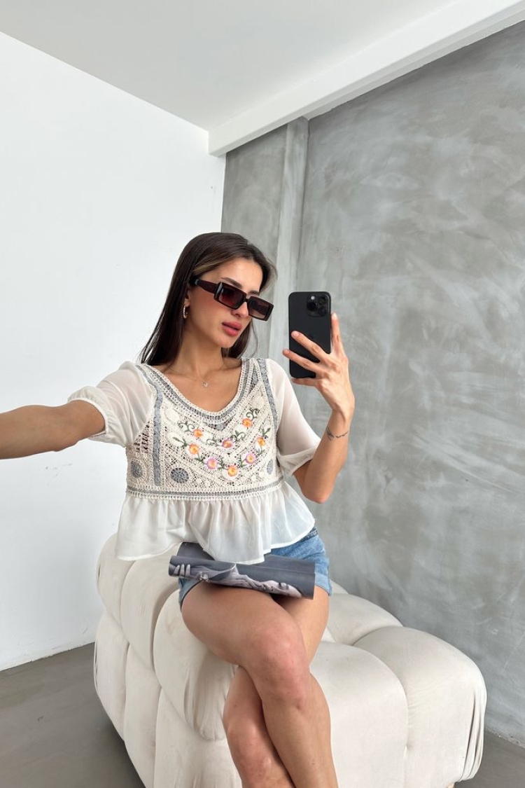 Stone Gray Embroidered Blouse - Producer: Topshow - Wholesale Women Clothes - TheBS Women