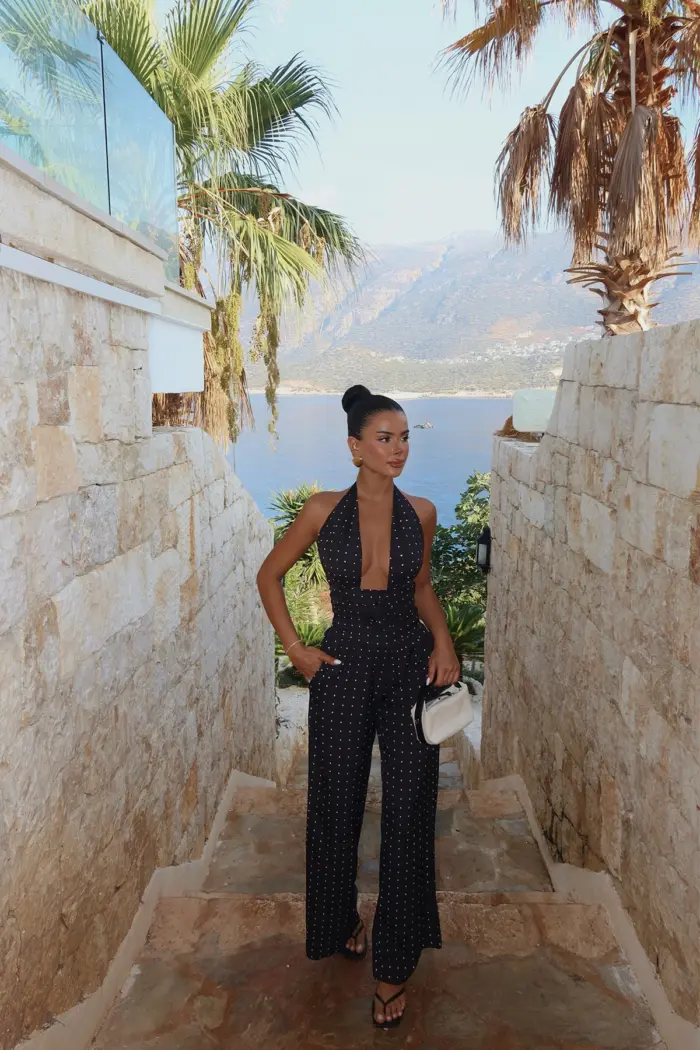 Black Rose Detail Polka Dot Jumpsuit - Producer: EYYO ATELIER - Wholesale Women Clothes - TheBS Women