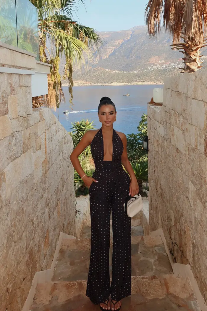 Black Rose Detail Polka Dot Jumpsuit - Producer: EYYO ATELIER - Wholesale Women Clothes - TheBS Women