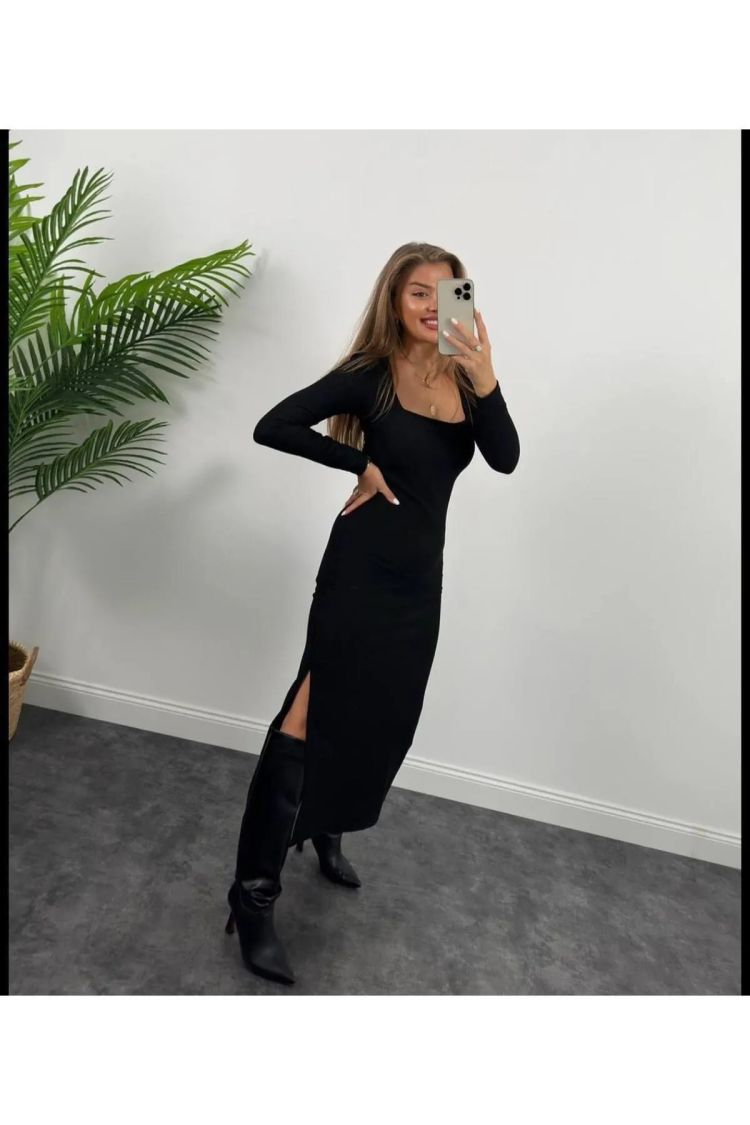 Ottoman Fabric Square Neck Long SleeveDress - Producer: Fiori - Wholesale Women Clothes - TheBS Women