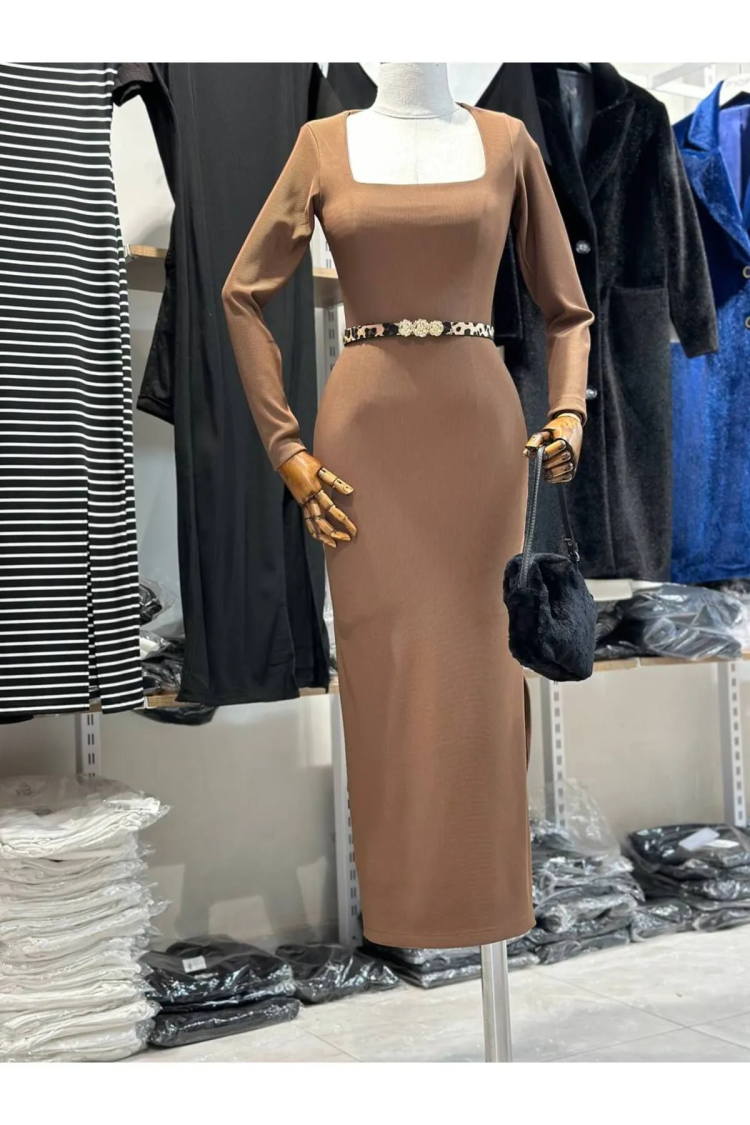 Ottoman Fabric Square Neck Long Sleeve Dress - Producer: Fiori - Wholesale Women Clothes - TheBS Women