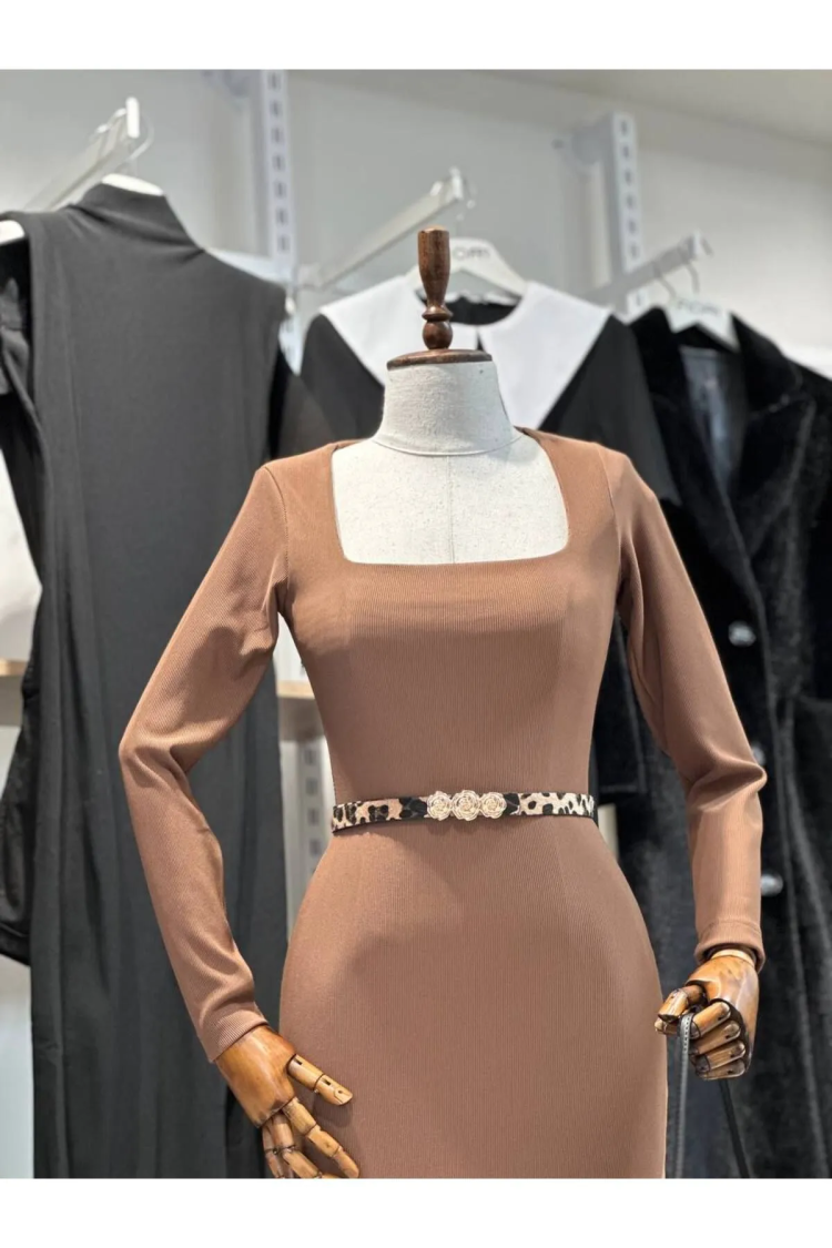 Ottoman Fabric Square Neck Long Sleeve Dress - Producer: Fiori - Wholesale Women Clothes - TheBS Women