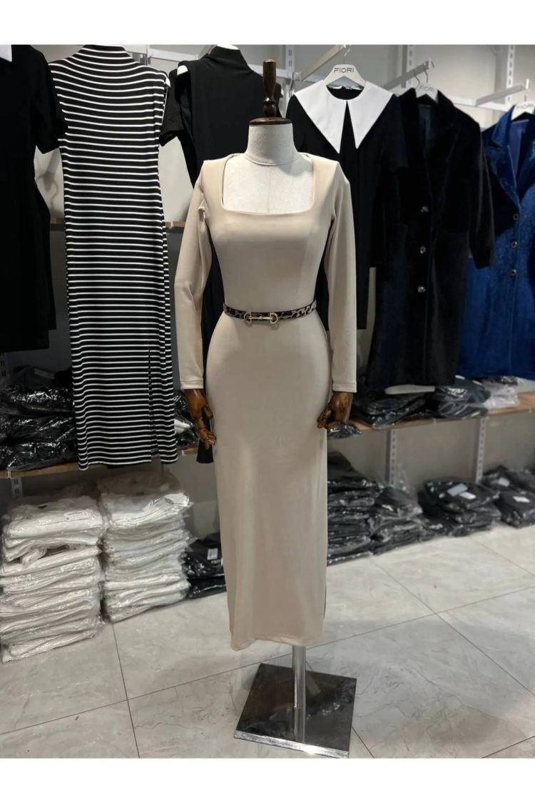 Ottoman Fabric Square Neck Long Sleeve Black Dress - Producer: Fiori - Wholesale Women Clothes - TheBS Women