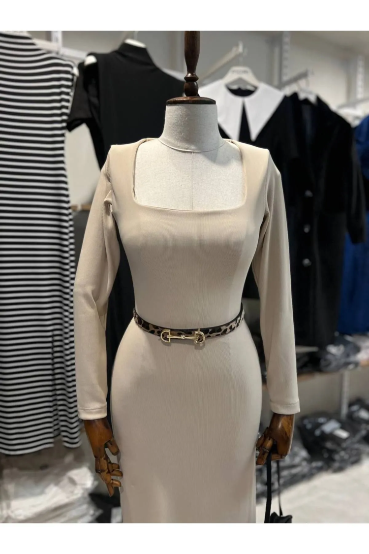 Ottoman Fabric Square Neck Long Sleeve Black Dress - Producer: Fiori - Wholesale Women Clothes - TheBS Women