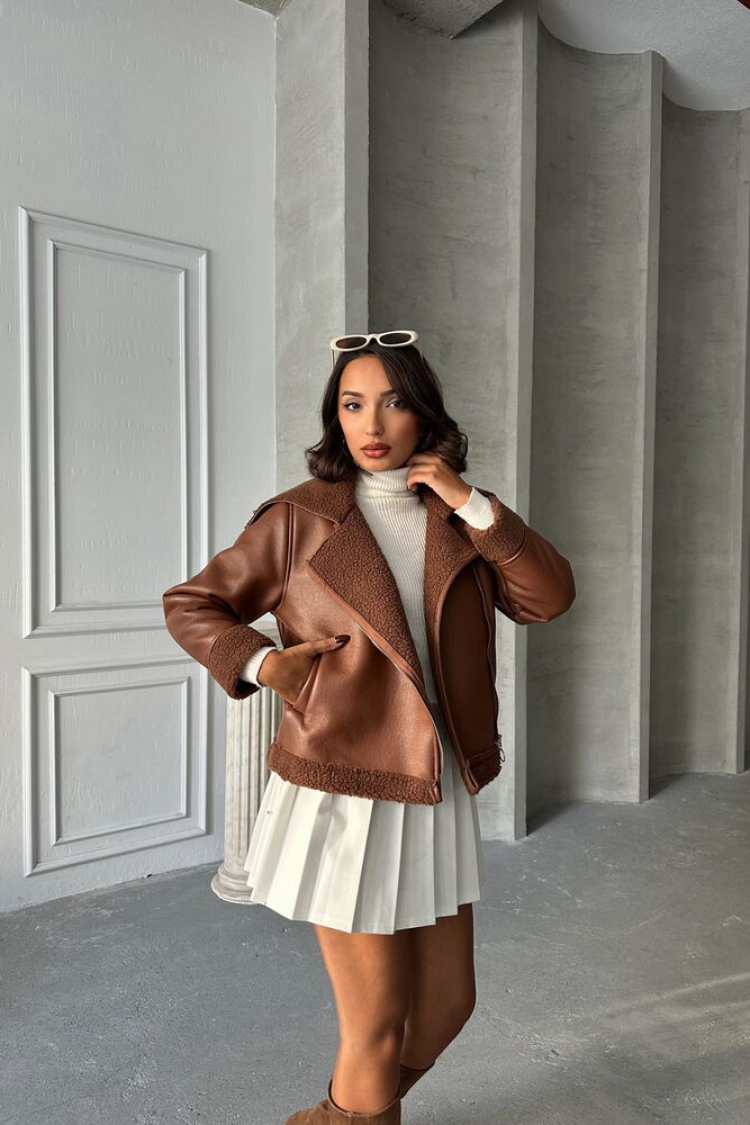 Zippered Leather Jacket- Tan - Producer: Topshow - Wholesale Women Clothes - TheBS Women