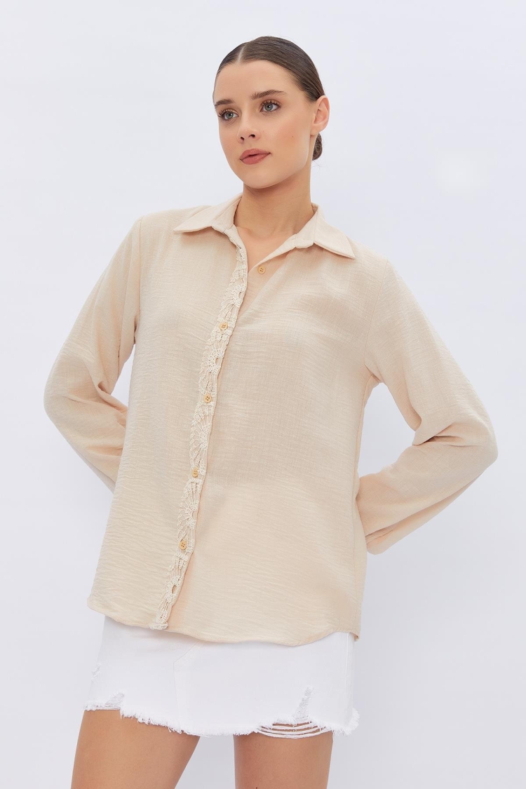 Crocheted Linen Shirt - Stone - Producer: Reyon - Wholesale Women Clothes - TheBS Women