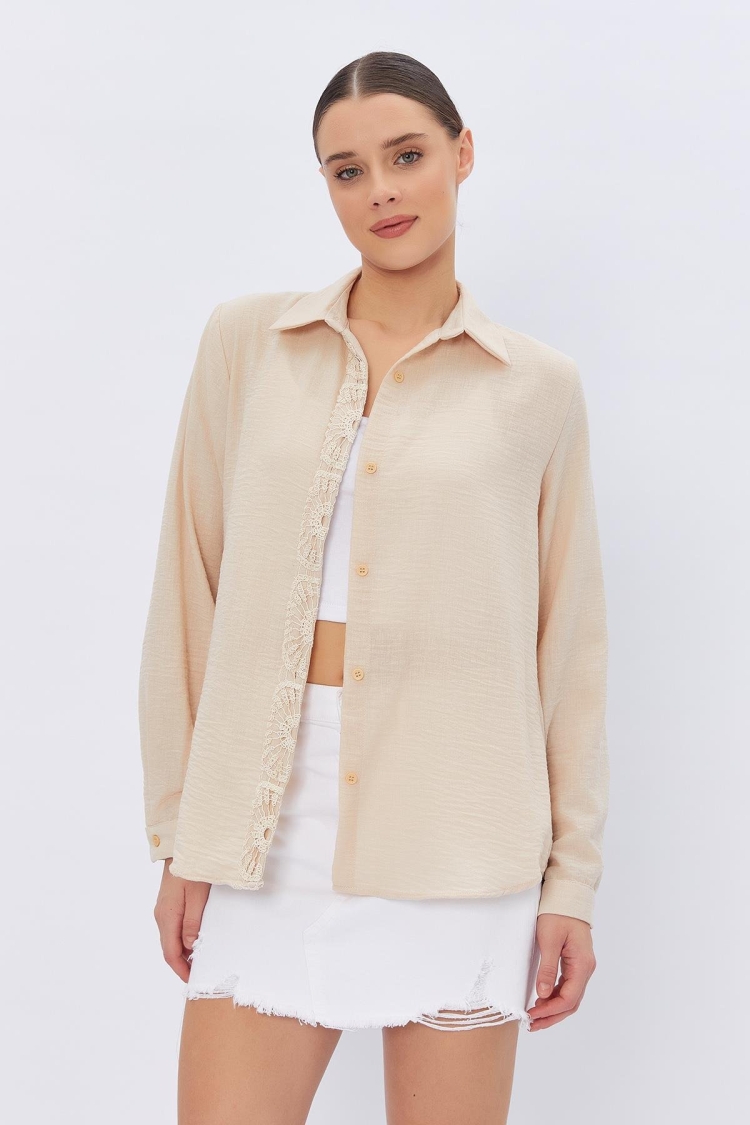 Crocheted Linen Shirt - Stone - Producer: Reyon - Wholesale Women Clothes - TheBS Women