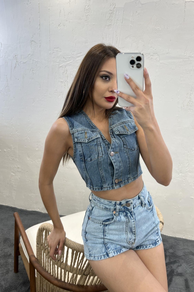 Denim Blouse - Blue - Producer: Fame - Wholesale Women Clothes - TheBS Women