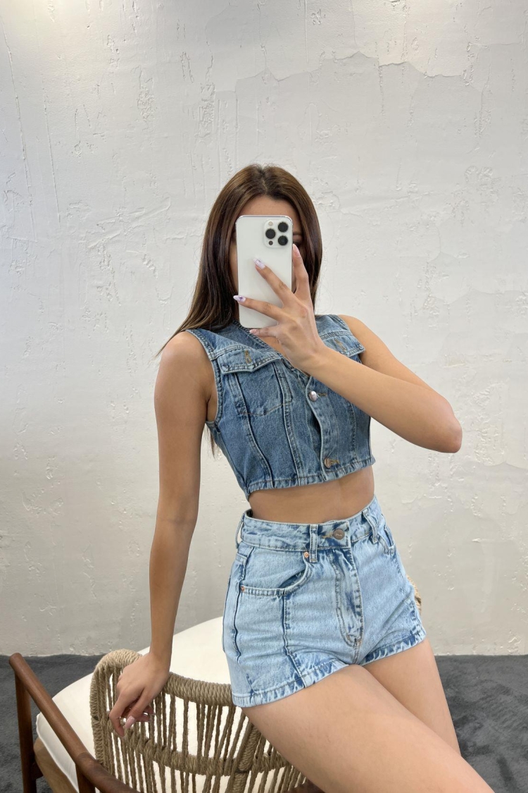 Denim Blouse - Blue - Producer: Fame - Wholesale Women Clothes - TheBS Women