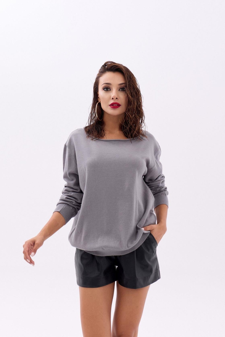 Knitted Plain Casual Sweater - Gray - Producer: Fame - Wholesale Women Clothes - TheBS Women