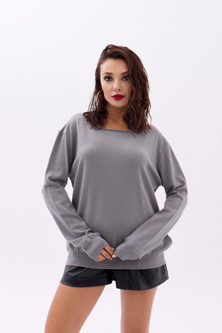 Knitted Plain Casual Sweater - Gray - Producer: Fame - Wholesale Women Clothes - TheBS Women