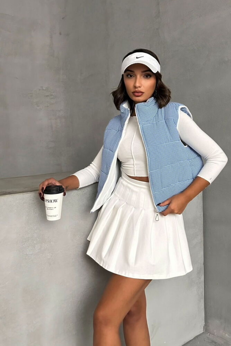 Gingham Pattern Fiber Puffer Vest - Blue - Producer: Topshow - Wholesale Women Clothes - TheBS Women