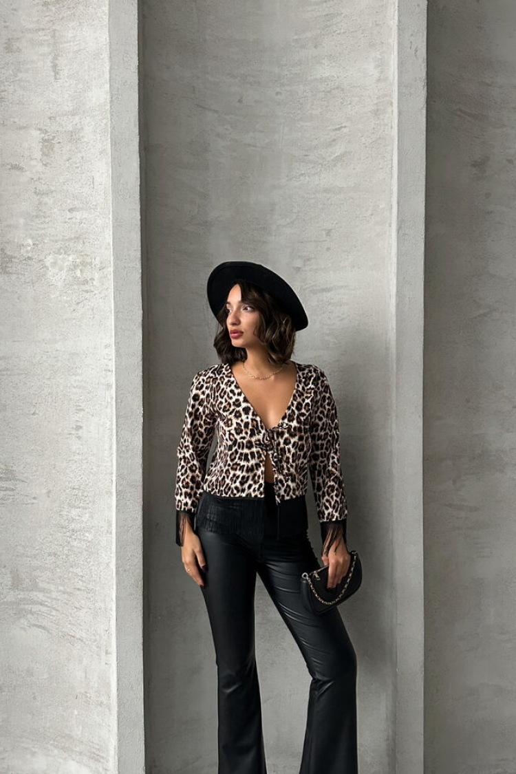 Leopard Patterned Fringed Front Tie Jacket - Producer: Topshow - Wholesale Women Clothes - TheBS Women