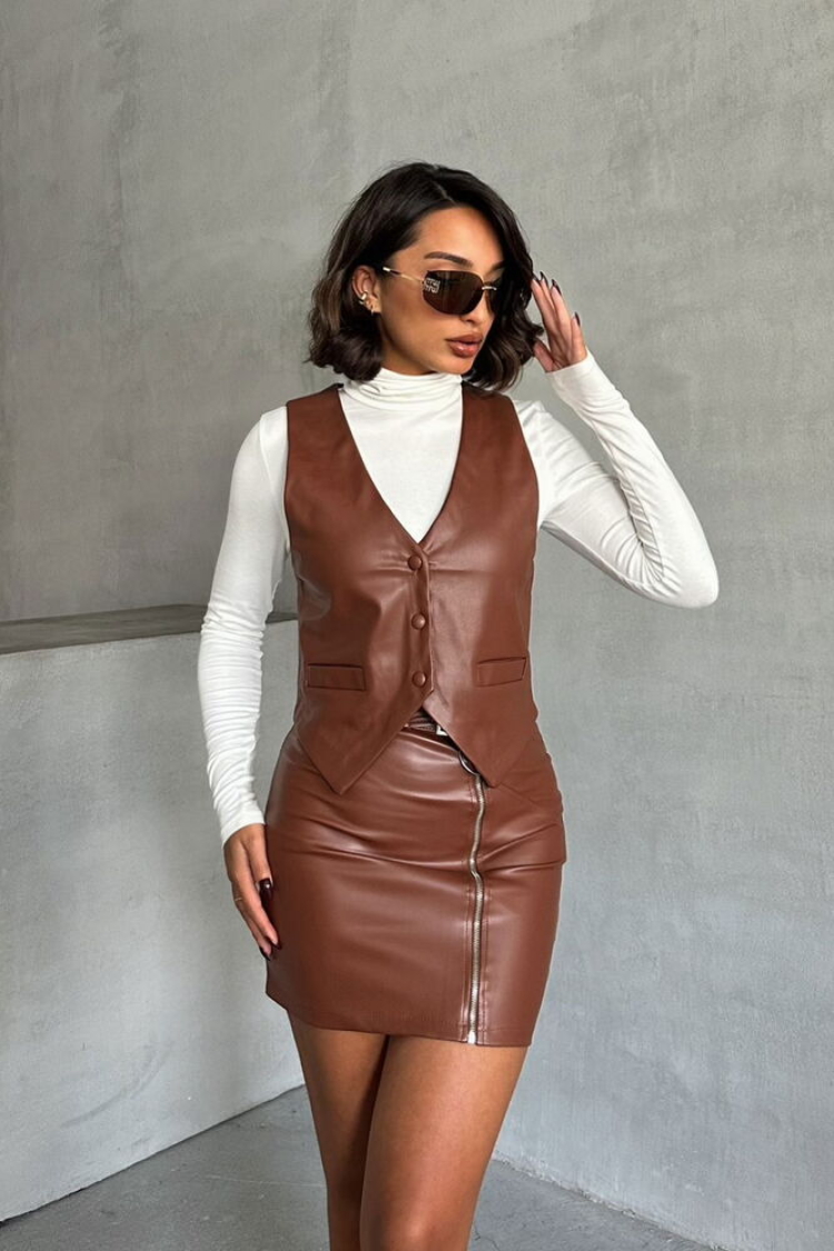 Zippered Leather Skirt - Tan - Producer: Topshow - Wholesale Women Clothes - TheBS Women