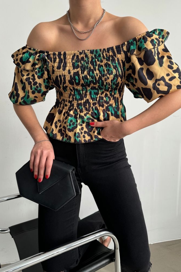 Leopard Emerald Gibeli Boat Neck Blouse - Yellow - Producer: Topshow - Wholesale Women Clothes - TheBS Women