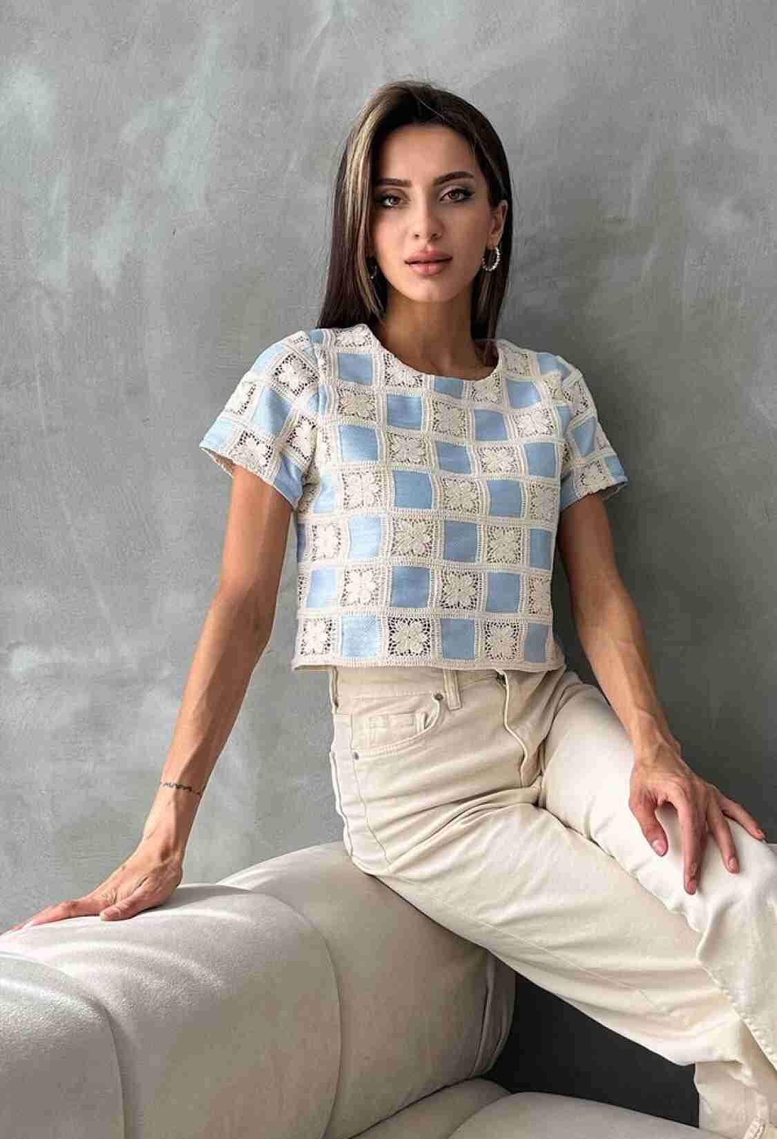 RawShort Sleeve Checkerboard Pattern Crochet Blouse - Brand: Topshow - Women & Kids, Baby Clothes Wholesale - TheBS Women