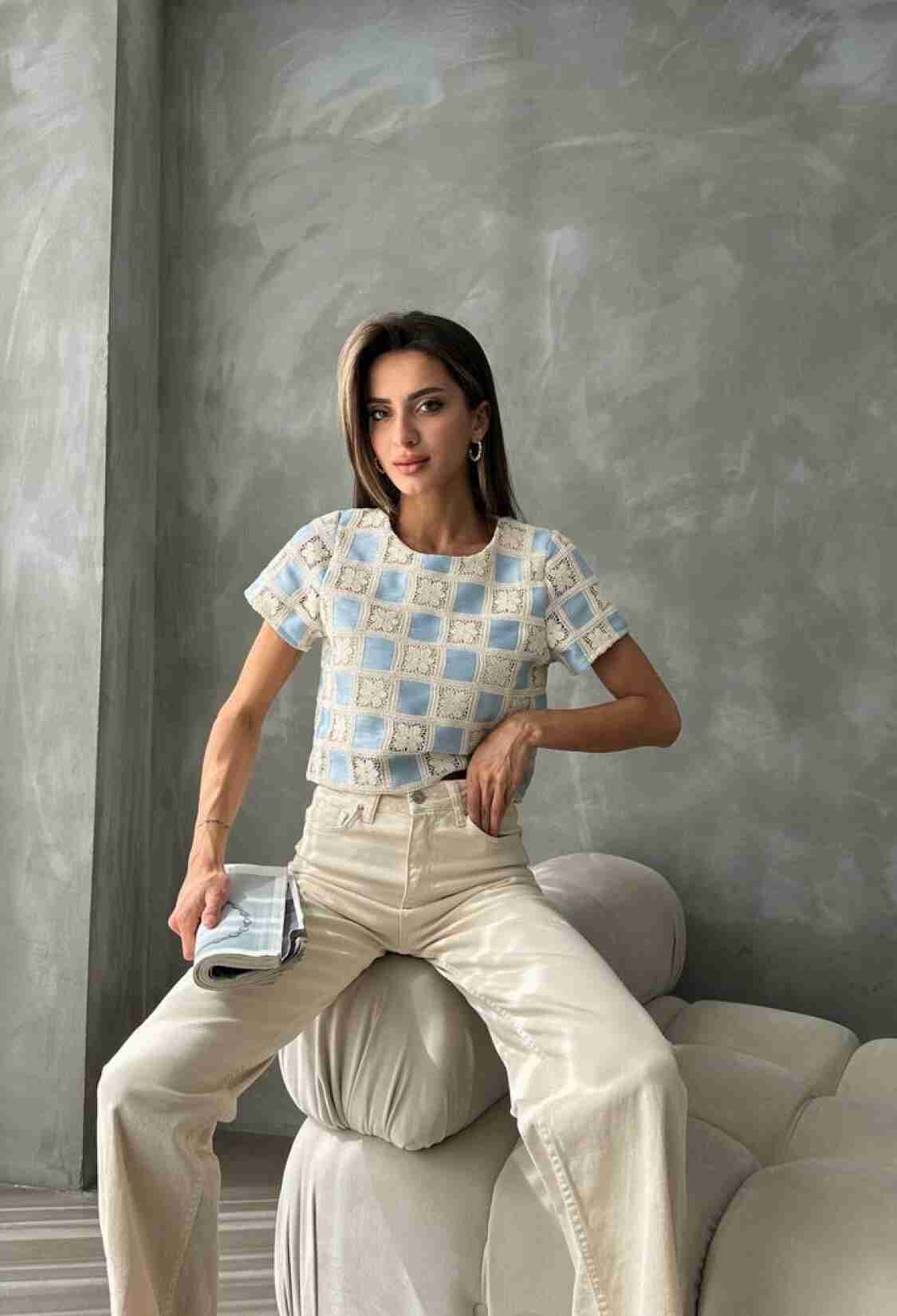 RawShort Sleeve Checkerboard Pattern Crochet Blouse - Brand: Topshow - Women & Kids, Baby Clothes Wholesale - TheBS Women