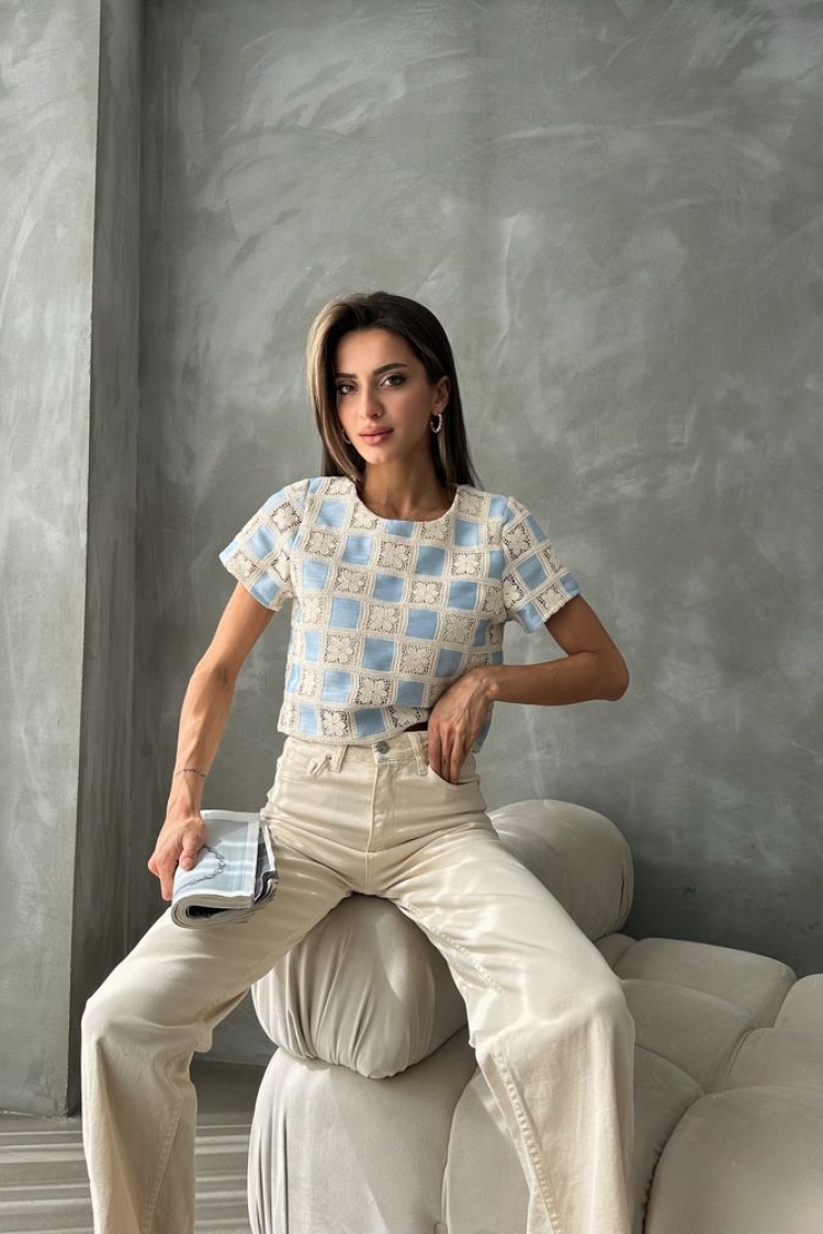 RawShort Sleeve Checkerboard Pattern Crochet Blouse - Producer: Topshow - Wholesale Women Clothes - TheBS Women