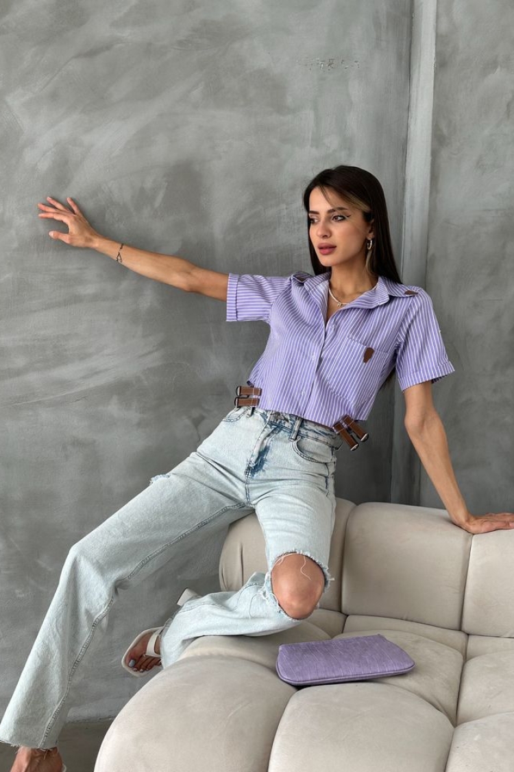 Striped Belt Detailed Striped Shirt - Producer: Topshow - Wholesale Women Clothes - TheBS Women