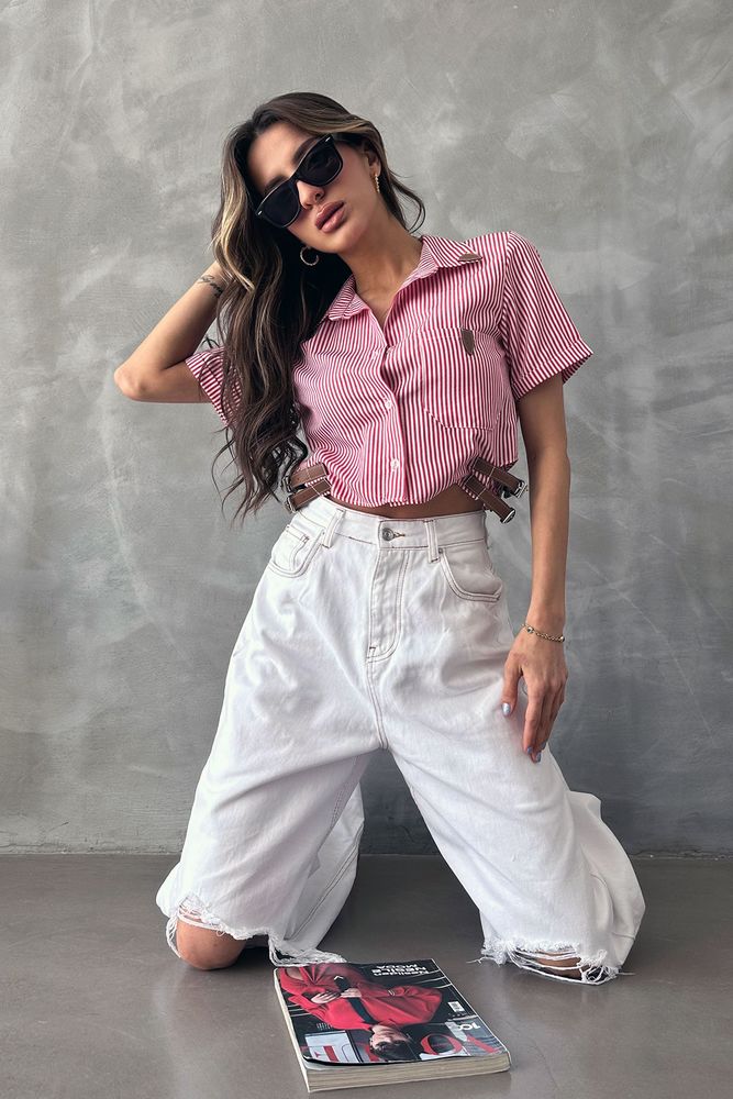 Striped D 2646 Belt Detailed Striped Shirt - Producer: Topshow - Wholesale Women Clothes - TheBS Women