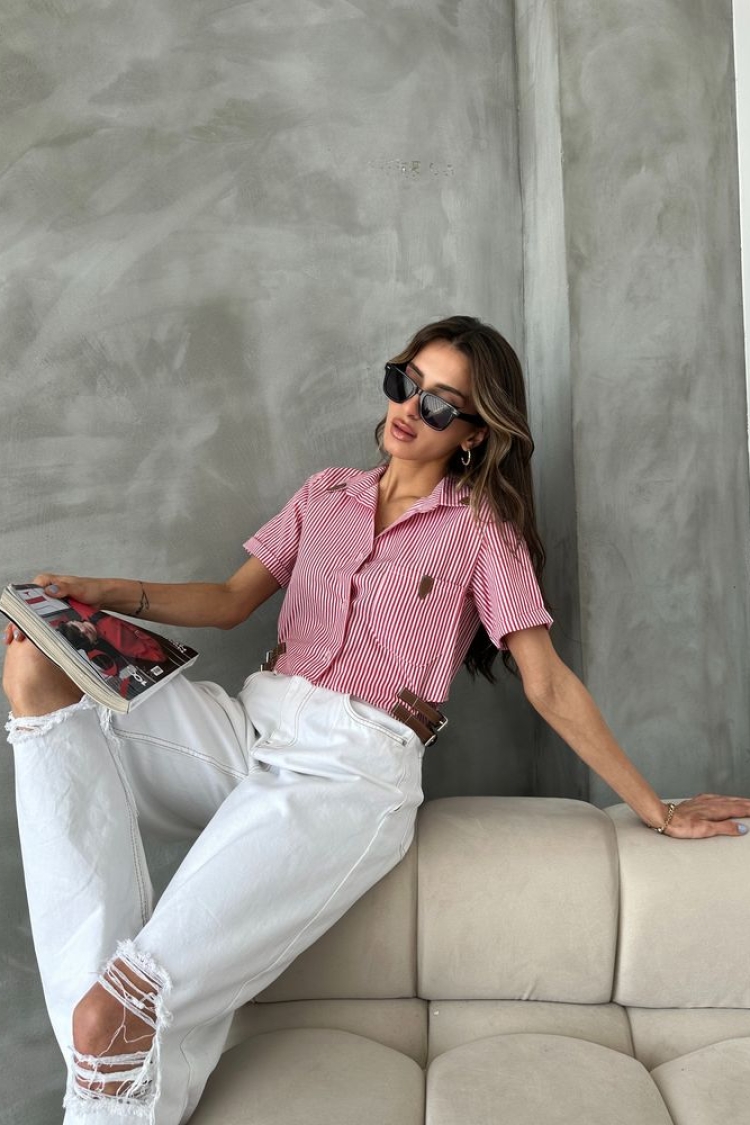 Striped D 2646 Belt Detailed Striped Shirt - Producer: Topshow - Wholesale Women Clothes - TheBS Women