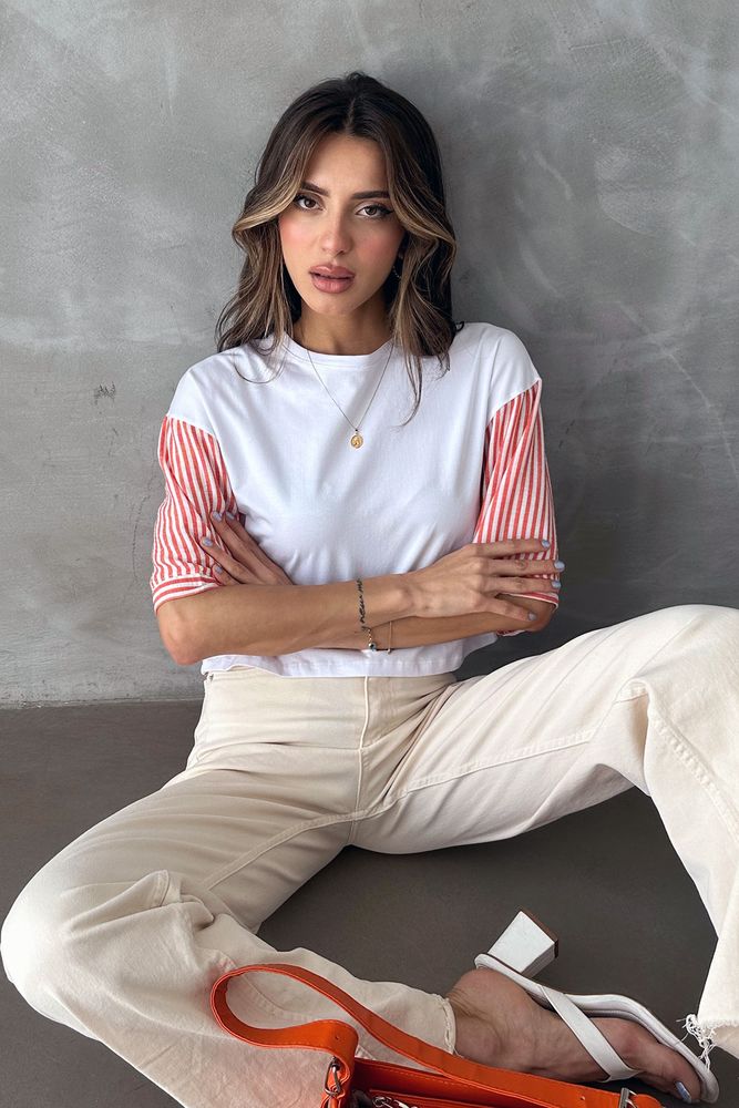 Orange Striped Poplin Sleeve T-shirt - Producer: Topshow - Wholesale Women Clothes - TheBS Women