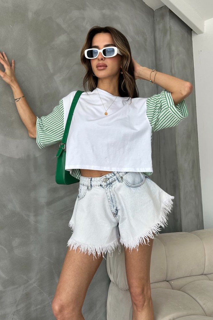 Emerald Striped Poplin Sleeve T-shirt - Producer: Topshow - Wholesale Women Clothes - TheBS Women