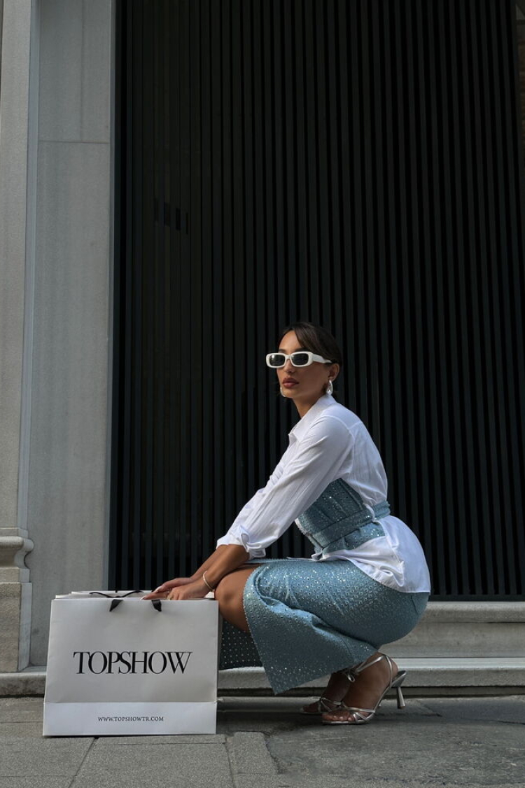Sequined Denim Detailed Belted Shirt - Producer: Topshow - Wholesale Women Clothes - TheBS Women
