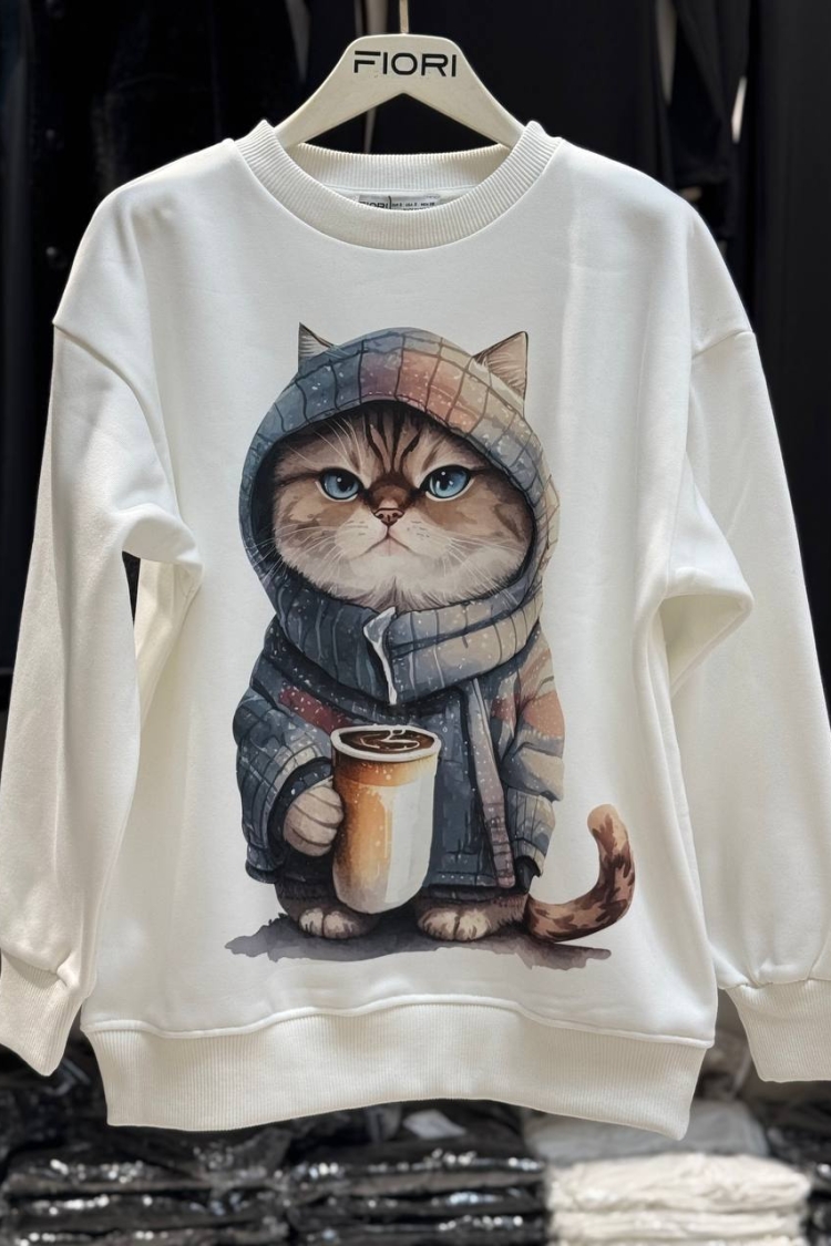 Cat Printed Crew Neck 3 Thread Raised Sweatshirt - Producer: Fiori - Wholesale Women Clothes - TheBS Women
