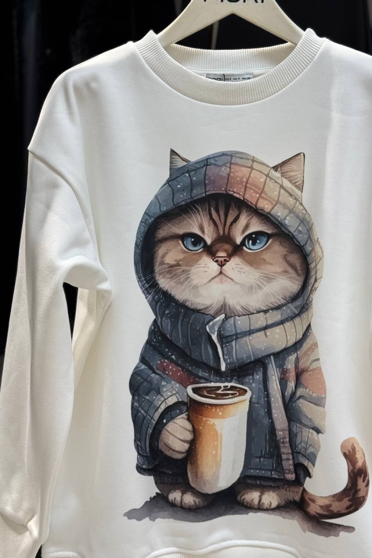 Cat Printed Crew Neck 3 Thread Raised Sweatshirt - Producer: Fiori - Wholesale Women Clothes - TheBS Women