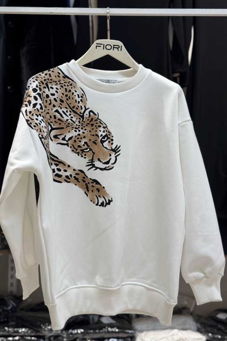 Tiger Printed Crew Neck 3 Thread Raised Sweatshirt On Shoulder - Producer: Fiori - Wholesale Women Clothes - TheBS Women