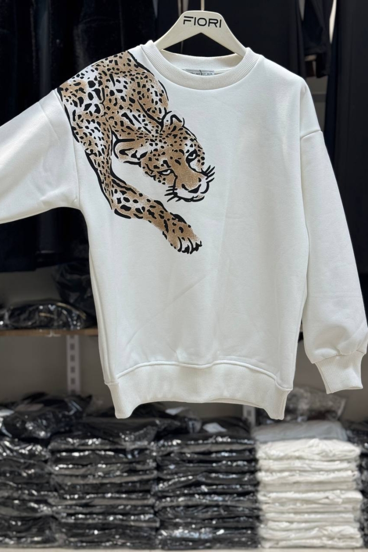 Tiger Printed Crew Neck 3 Thread Raised Sweatshirt On Shoulder - Producer: Fiori - Wholesale Women Clothes - TheBS Women