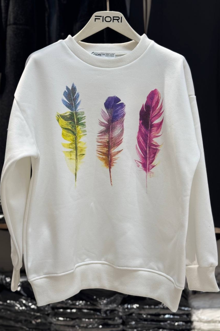Colorful Feather Printed Crew Neck 3 Thread Raised Sweatshirt - Producer: Fiori - Wholesale Women Clothes - TheBS Women