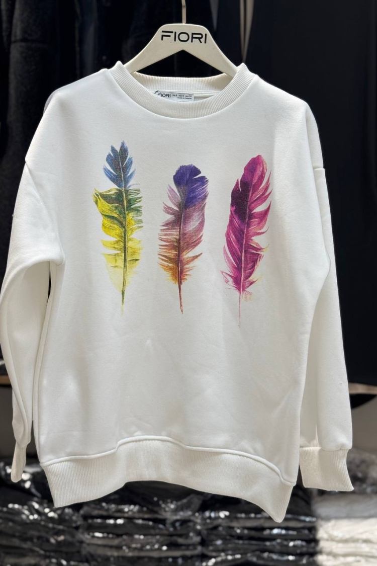Colorful Feather Printed Crew Neck 3 Thread Raised Sweatshirt - Producer: Fiori - Wholesale Women Clothes - TheBS Women